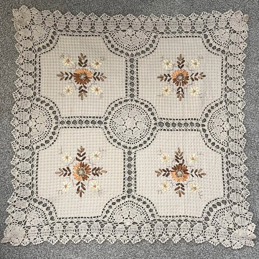 Vintage Crochet Lace and Ribbon Embroidery Tablecloth/Doily
